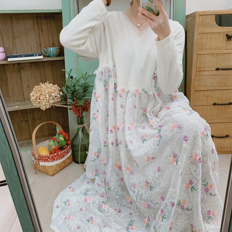 Clacive  Embroidery Lace Patchwork Knitted Cotton Dress Women Spring Elegant Sexy V-Neck Korean Maxi Dresses For Women Clothes