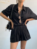 Clacive Summer Short Sleeve Shirt Two Piece Set Women Fashion Loose High Waist Shorts Set Elegant Black Office Suits With Shorts
