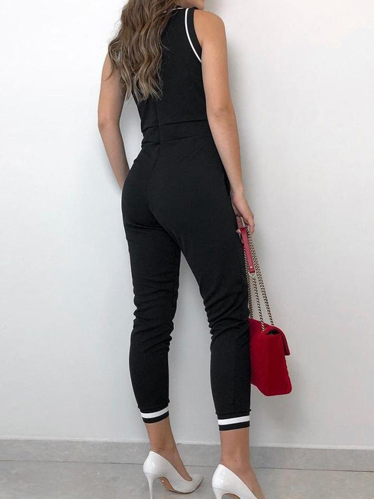 Clacive elegant Contrast Binding Tie Waist Casual Jumpsuit Women Rompers Sleeveless Summer One Piece Overall