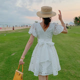Clacive White Lace Dress Women Simple Beach Style Dress Casual Holiday Style High Waist Fashion Bow Bandage Spring Summer Dresses