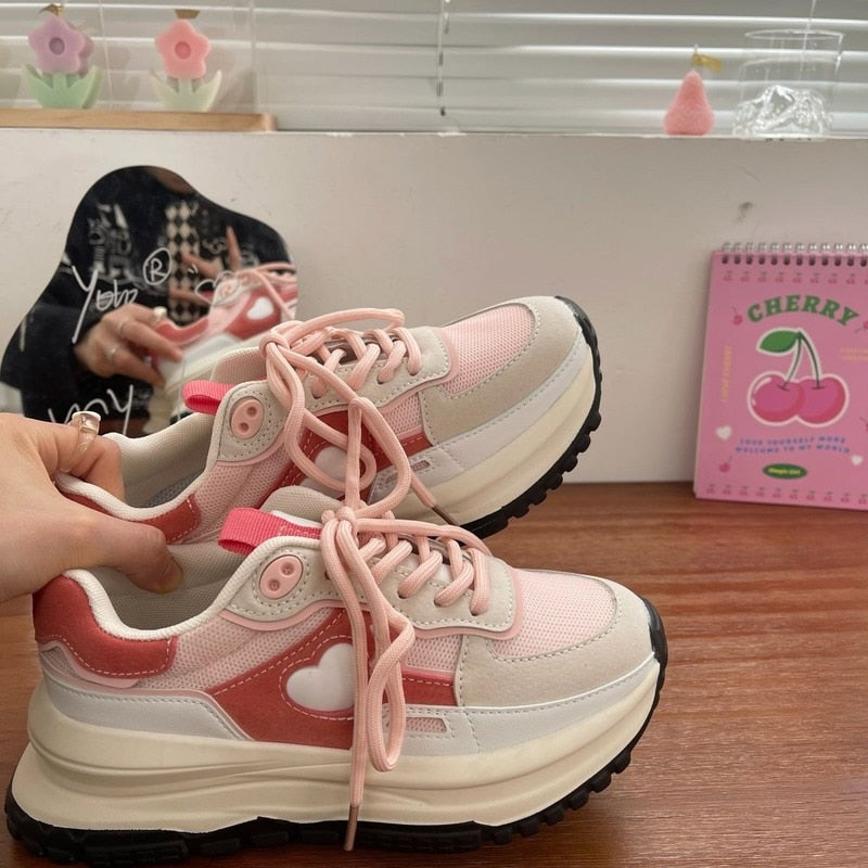 Clacive   New Korean Women Sneakers Strawberry Pink Kawaii Love Sports Daddy Shoes Versatile Casual Platform Vulcanize Tennis