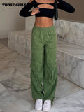 Clacive Green Vintage Baggy Jeans Women's Pockets Wide Leg Cargo Pants Streetwear Casual Low Waist Denim Straight Trousers