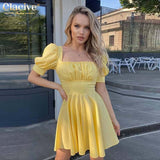 Clacive Bodycon Yellow Women Dress  Summer Sexy Suqare Collar Short Sleeve Mini Dresses Fashion Ruched Backless Female Dress