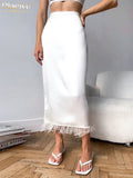 Clacive Fashion White Office Women'S Skirt  Summer High Waisted Midi Skirt Lady Elegant Feather Spliced Long Skirts Female