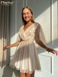Clacive Sexy V-Neck White Dress Woman Summer Short Sleeve Mini Dresses Elegant Backless High Waist Pleated Female Dress