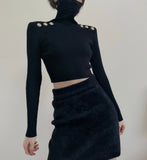 Designer Retro High-Neck Pullover Long-Sleeved Gold Button Bottoming Sweater Sexy Slim Short Top Navel Female Y2K