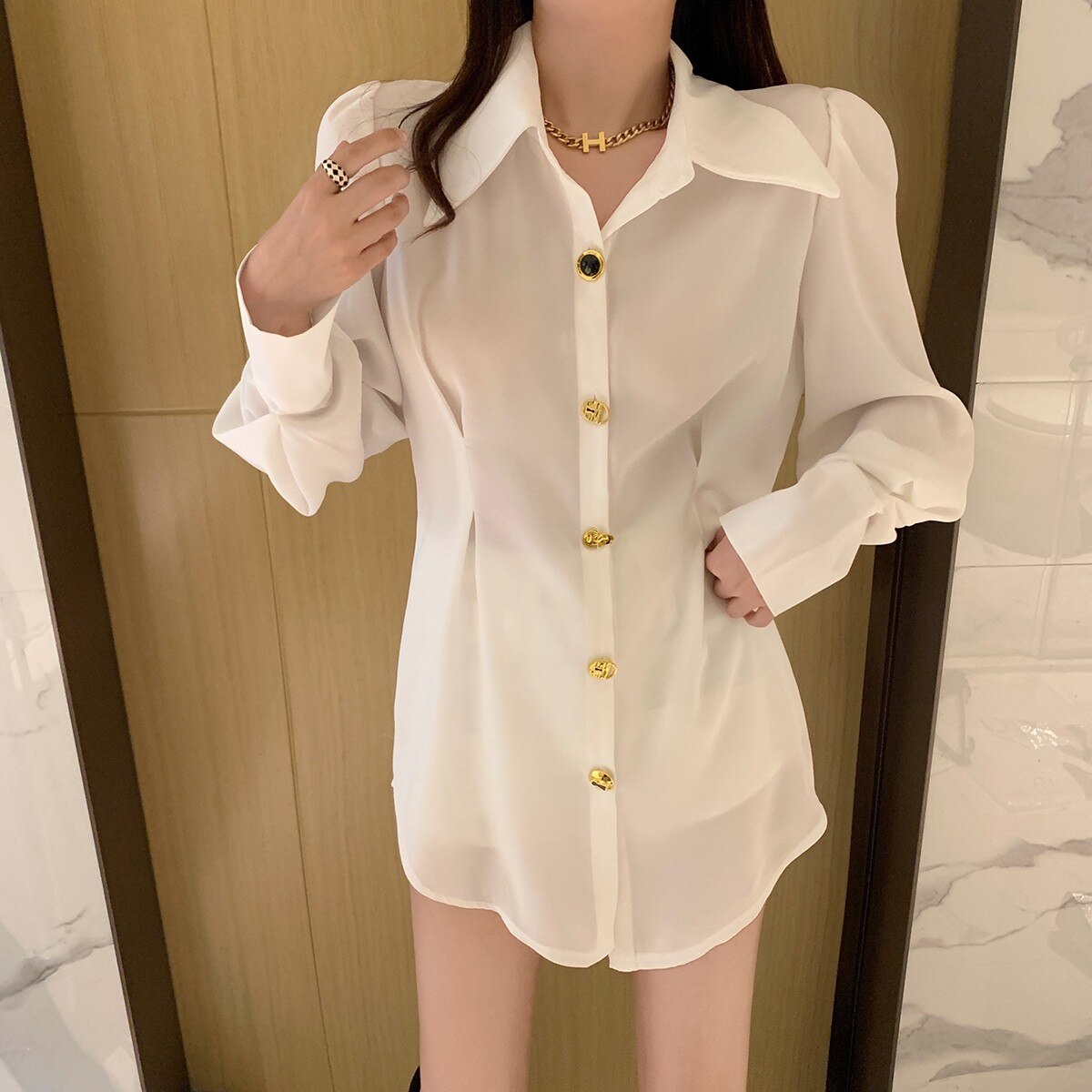 Clacive Elegant Shirt Women Medium Long Chic Button Fashion Social Blouses Streetwear Long Sleeve Black White Shirts & Blouse New
