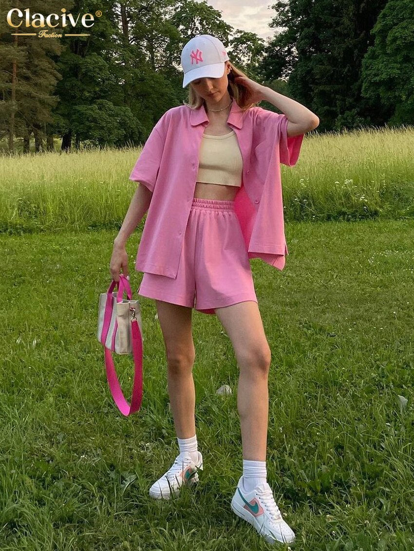 Clacive Summer Short Sleeve Shirts Two Piece Sets Womens Fashion Loose High Waist Shorts Set Lady Elegant Pink Suits With Shorts
