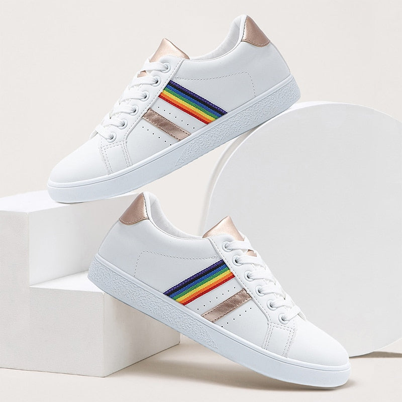 Clacive White Shoes Women Personality Rainbow Decoration Breathable Lace-Up Simplicity All-Match Non-Slip Flat Casual Woman Sneakers
