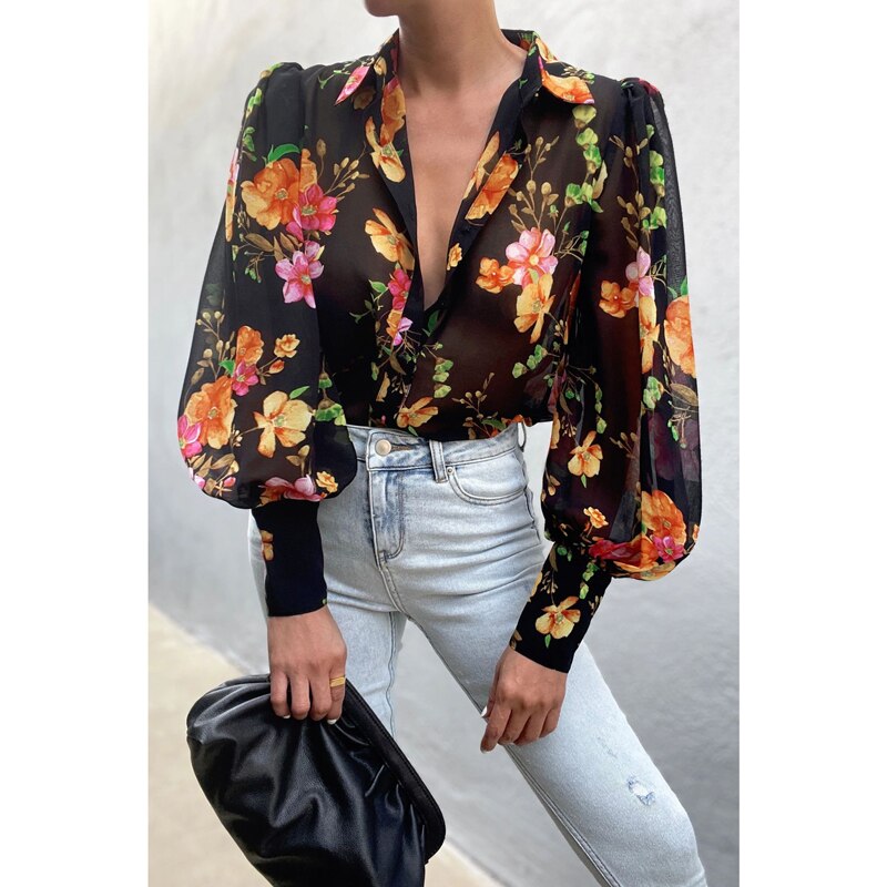 Clacive  Women Fashion Printing Long Lantern Sleeve Blouses Female Chic Vintage Red Casual Loose Fitting Buttons Shirts Tops