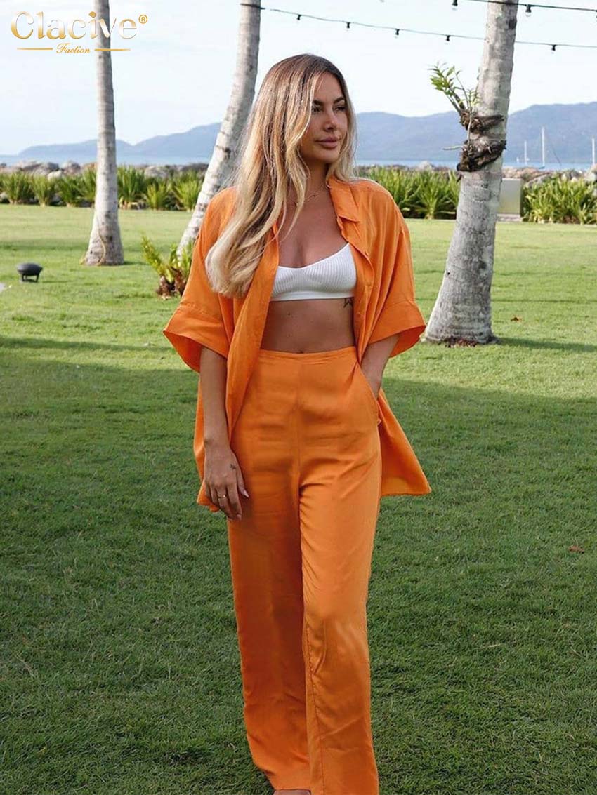 Clacive Fashion Short Sleeve Shirt Set Woman 2 Pieces Summer Casual Orange Pants Set Lady Elegant Loose High Waist Trouser Suits