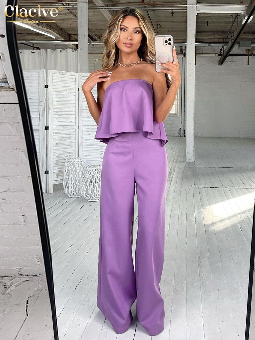 Clacive Sexy Sleeveless Tube Top Two Piece Set Women Elegant High Waist Wide Trouser Suits