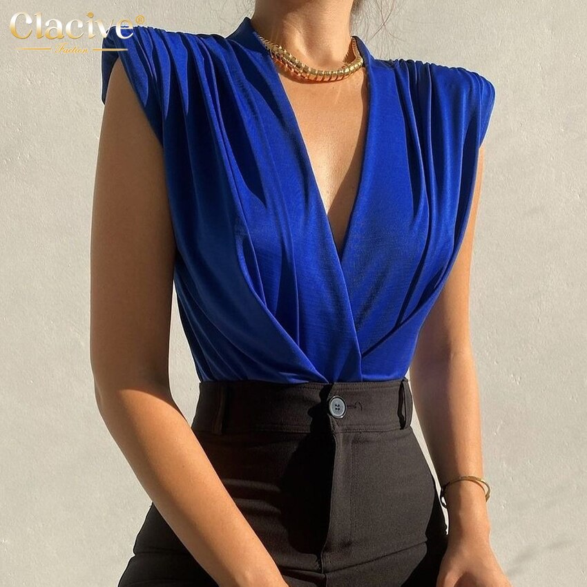 Clacive Sexy V-Neck Blue Top Women Summer Bodycon Sleeveless Tank Top Elegant Slim Black Tops Female Clothing  Streetwear
