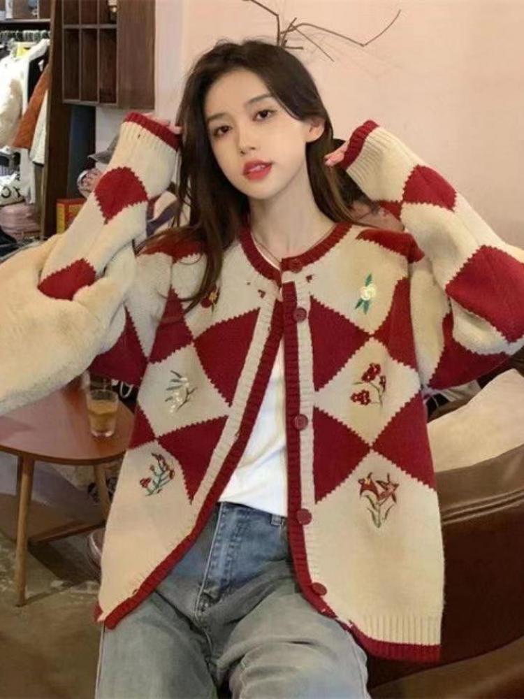 Clacive Vintage Fashion Elegant Women Embroidery Cardigan Long Sleeve Sweater Autumn Winter Knitted Loose Jumper Lady Casual