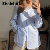 Clacive   New Spring Autumn Fashion Poplin Pinstripe Blouse Simple Casual Pocket Lapel Loose Shirt Temperament Tops Women