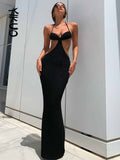 Green Maxi Beach Women Dress Bodycon Halter Neck  Y2K Sexy Hollow Out Summer Backless Party Dresses Club Sleeveless