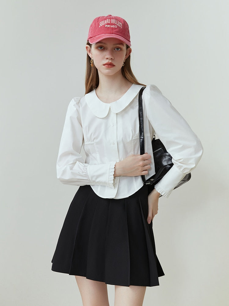 Clacive Fall outfits back to school  Women Slim Short Shirts Long Puff Sleeve Peter Pan Collar White Blouse Belted Cropped Shirt Spring New Office Lady Tops