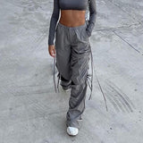 Clacive barbie outfites elegant Baggy Hip Hop Ripped Grey Cargo Pants Casual with Pockets Loose Wide Leg Pants Women Drawstring Jogging Sweatpants