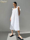 Clacive Summer Square Collar White Dress Woman Casual Loose Sleeveless Lace-Up Midi Dresses Elegant Simple Female Dress