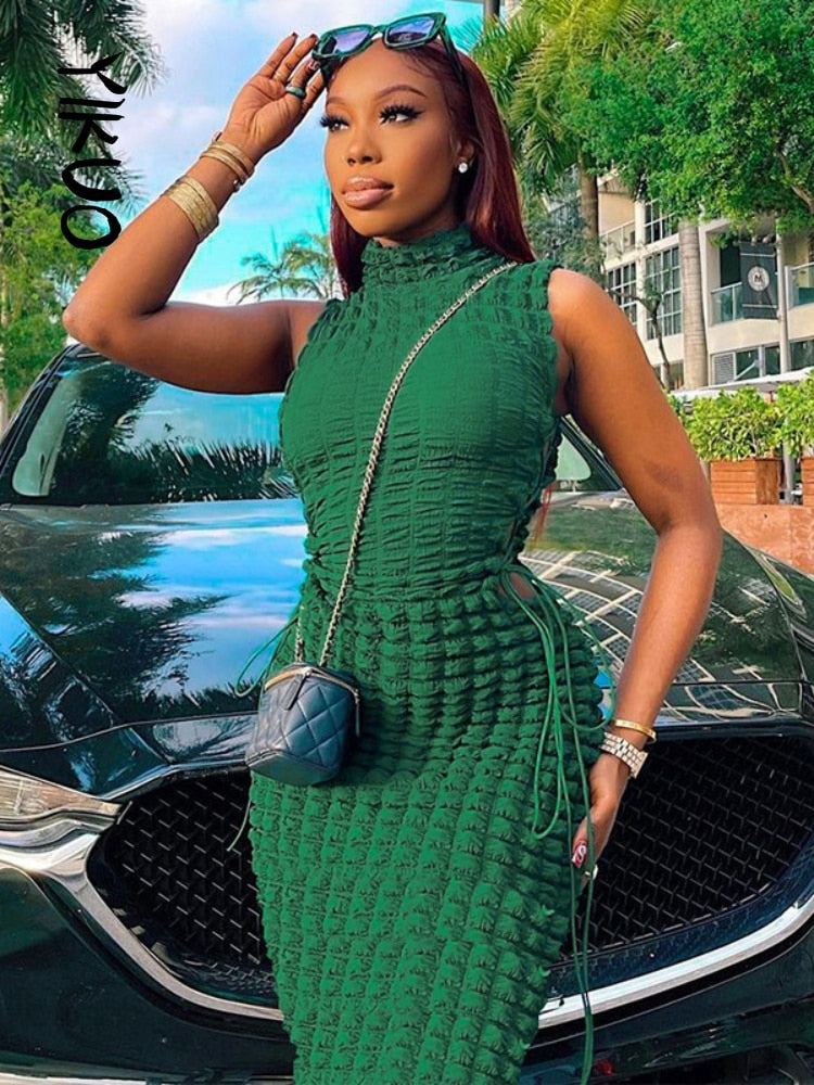 Turtleneck Hollow Out Bandage Maxi Dress Summer Women Green Y2K Sleeveless Sexy Dresses Evening Party Club Elegant Outfits