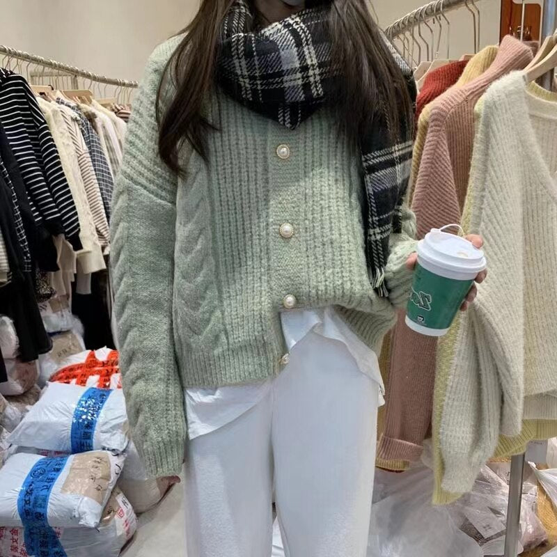 Fall outfits Retro Knit Cardigans Women Loose Gentle Twist Pearl Buttons Sweater Korean Slim Casual Jackets Long Sleeve Autumn Winter Tops