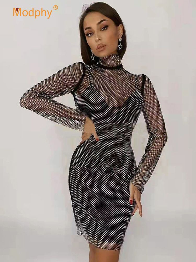 Clacive Sexy Black Mesh Diamond 2-Piece Bandage Dress Women Fall  New Fashion Party Dress High Neck Long Sleeve Bodycon Mini Vestido
