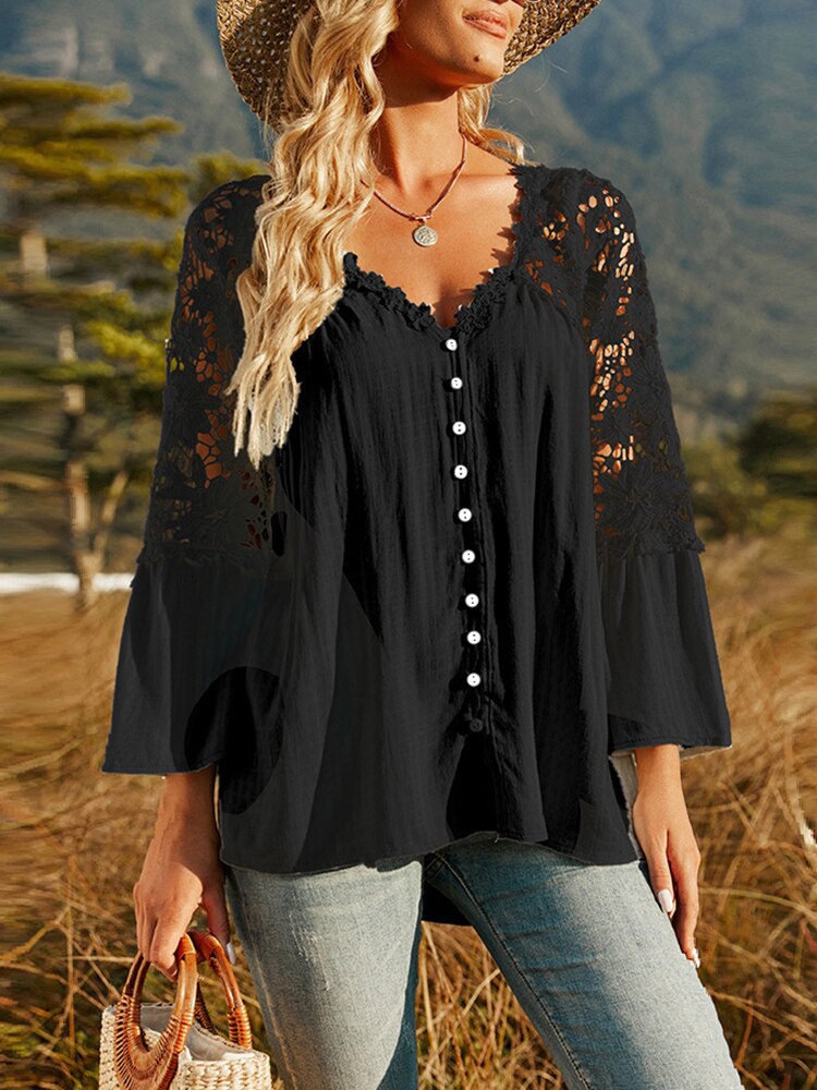Clacive  Fashion Women Sexy V-Neck Embroidered Hollow Sleeve Blouse Shirt Elegant Solid Single-Breasted Loose Tops Office Lady Commute