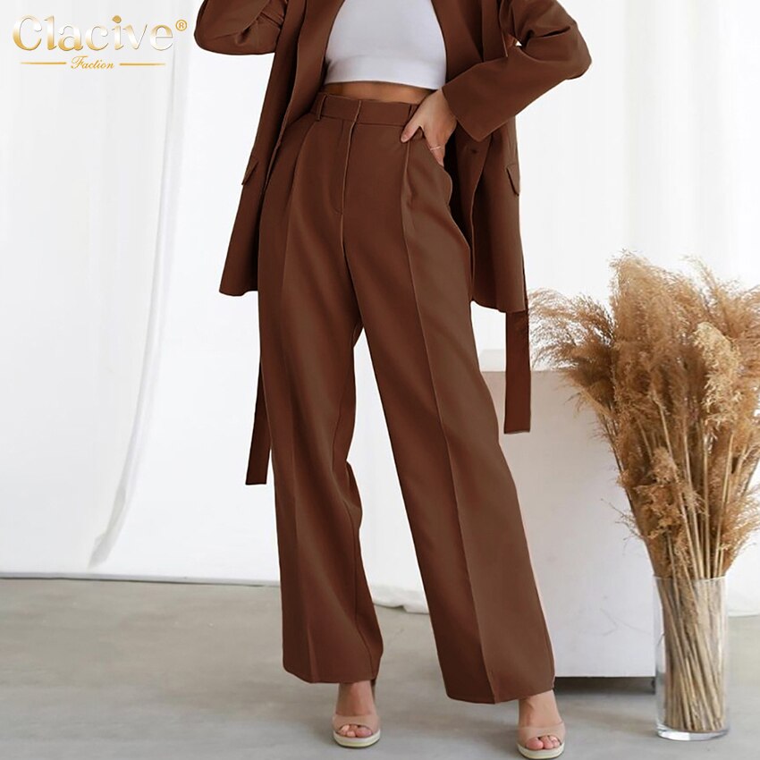  Clacive Pleated Elegant Wide Leg Pants Women High Waist Floor-Length Palazzo Trousers With Pocket Fashion Lady Office Pants