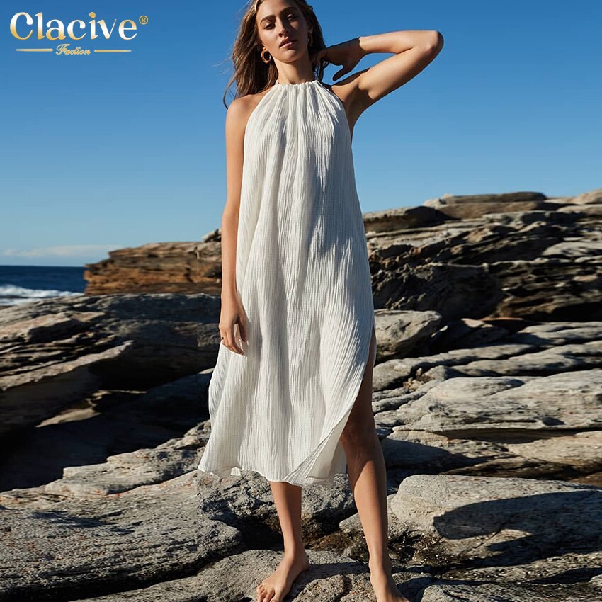 Clacive Sexy Sleeveless White Dress Lady Summer Casual Lace-Up Halter Midi Dress Elegant Backless Long Dresses For Women
