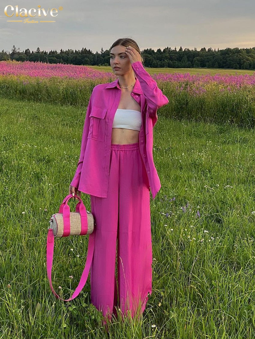 Clacive Casual Loose Pink Women Sets Fashion Long Sleeve Shirts High Waist Pants Two Piece Set Elegant Straight Trousers Suit