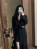 Clacive Spring Black Two Piece Set Women Lace-Up Short Suit Jacket Crop Top + Sexy Irregular Ruffled Long Skirt Suits 2 Piece Outfits