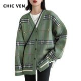 Clacive  Autumn Winter  Women's Sweaters Original Vintage Loose V-Neck Plaid Knitted Cardigan Korean Women Ladies Warm Coat