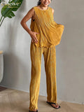 Clacive Bodycon Sleeveless Tank Top Women Two Piece Set Summer Elegant Pleated Pencil Pants Set Fashion Yellow Trouser Suits