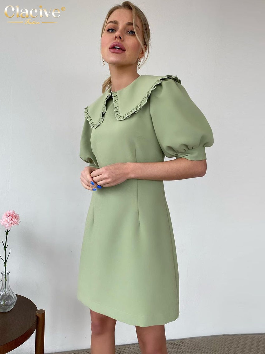 Clacive Fashion Pink Doll Collar Women'S Summer Dress Elegant Slim Short Sleeve Mini Dresses Bodycon Green Office Female Dress
