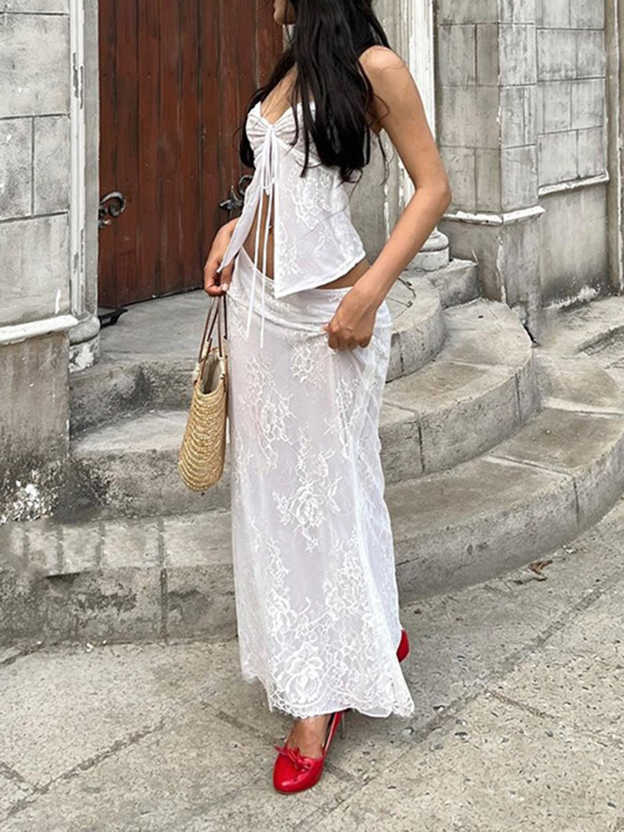 Back to school New Fashion Womens 2 Piece Summer Outfits Sleeveless Off Shoulder Lace Floral Bandeau Long Bodycon Skirt Set Club Street Style