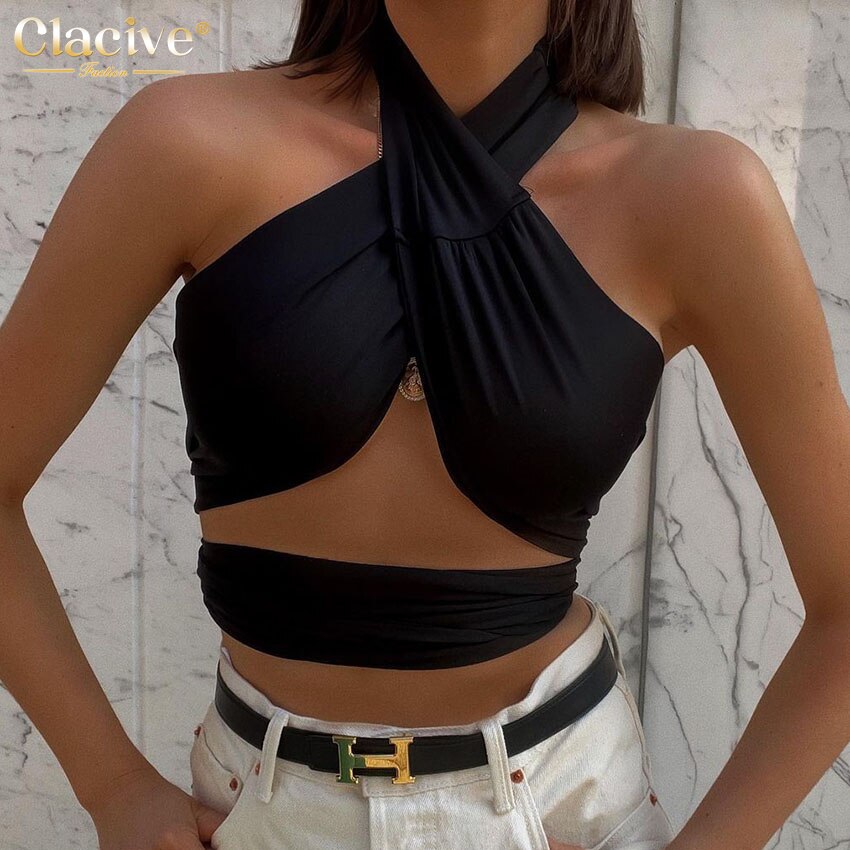 Clacive Sexy Halter Black Crop Top Women Summer Bodycon Bandage Sleeveless Tank Top Fashion Backless Tops Female Clothing