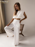 Clacive Sexy Sleeveless Crop Top Set Woman 2 Pieces Summer Fashion High Waist Wide Trouser Suits Female Casual White Pants Set