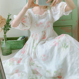 Clacive Dresses For Women Summer Fashion Korean Elegant 100%Ramie White Dress Fresh Sweet Lantern Sleeve Floral Print Long Dresses Women