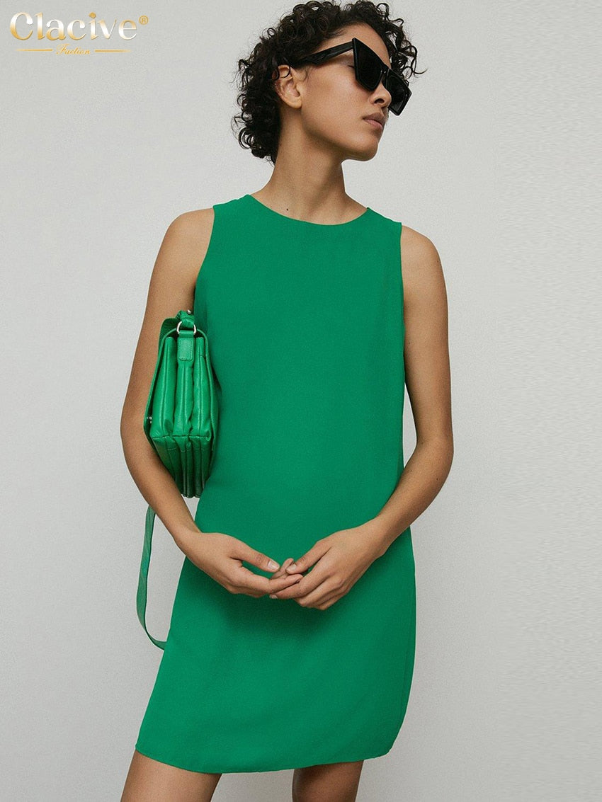 Clacive Summer O-Neck Casual Women'S Dress  Fashion Sleeveless Office Mini Dresses Elegant Slim Green Simple Female Dress