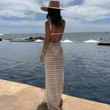 Backless Knitting Hollow Out Dress Women Sexy Slit Beige Floor Long Dresses Vacation Summer  Beach Party Robe