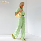 Clacive Fashion Short Sleeve Shirts Set Woman 2 Pieces Summer Lace-up High Waist Pants Set Female Casual Green Trouser Suits