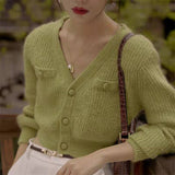 Clacive French Knitted Cardigan  Autumn Winter Woman Short V-Neck Buttons Sweater Tops Eleagnt Female Vintage Sweaters Fashion