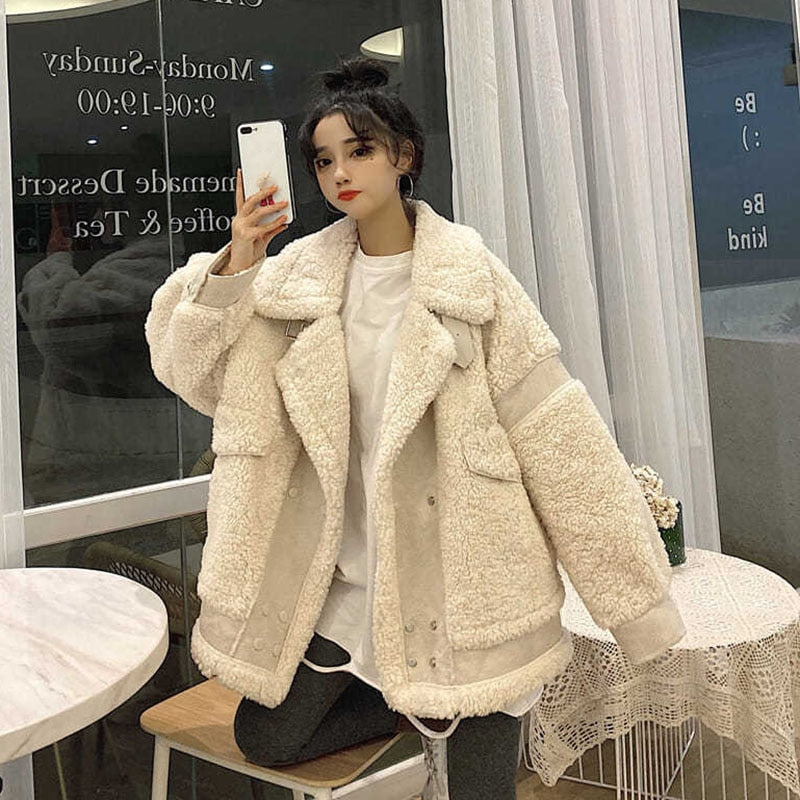 Clacive  Women's Lamb Wool Coat  New Autumn Winter Thickened Warm Fluffy Jacket Female Beige Korean Casual Cashmere Coats