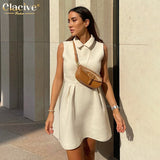 Clacive Fashion Lapel White Dress Woman Summer Bodycon Sleeveless Office Mini Dresses Elegant Simple Classic Female Dress