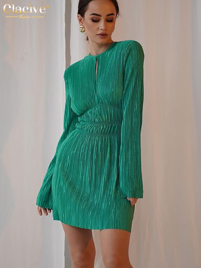 Clacive Elegant Green Pleated Women'S Dress Sexy Long Sleeve Party Dresses Lady Bodycon Hollow Out Mini Dress For New Year