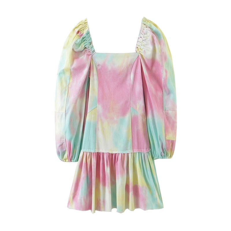 Clacive  Summer Vocation Long Sleeve Square Neck Women Tie-Dyed Holiday Dress