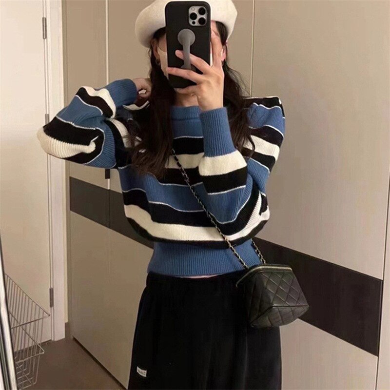 Fall outfits Vintage Striped Cropped Sweater Women O-neck Puff Sleeve Sweet Jumper Femme 2023 Fall Fashion Korean Knitted Pullovers Tops P978