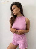 Clacive Summer Pink Women'S Tracksuit  Bodycon Knit High Wiasted Shorts Set Female Elegant Turtleneck Crop Top Two Piece Set