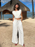 Clacive Fashion O-Neck Crop Top Set Woman 2 Piece Elegant High Wiast Wide Pants Set Female Summer White Lining Trouser Suits