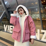 Clacive  Pink Corduroy Hooded Coat Women  Autumn Winter Thicken Warm Plush Jackets Woman Korean Loose Pockets Casual  Parkas